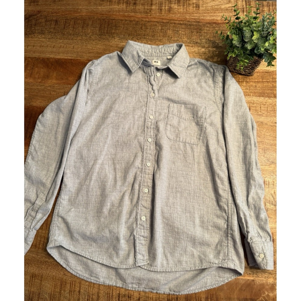 UNIQLO Gray 100% Cotton Button-Up Shirt – Women's S Long Sleeve Casual